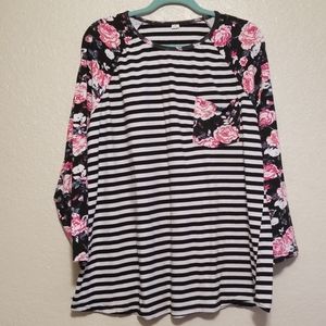 Floral Stripes Tshirt Black White